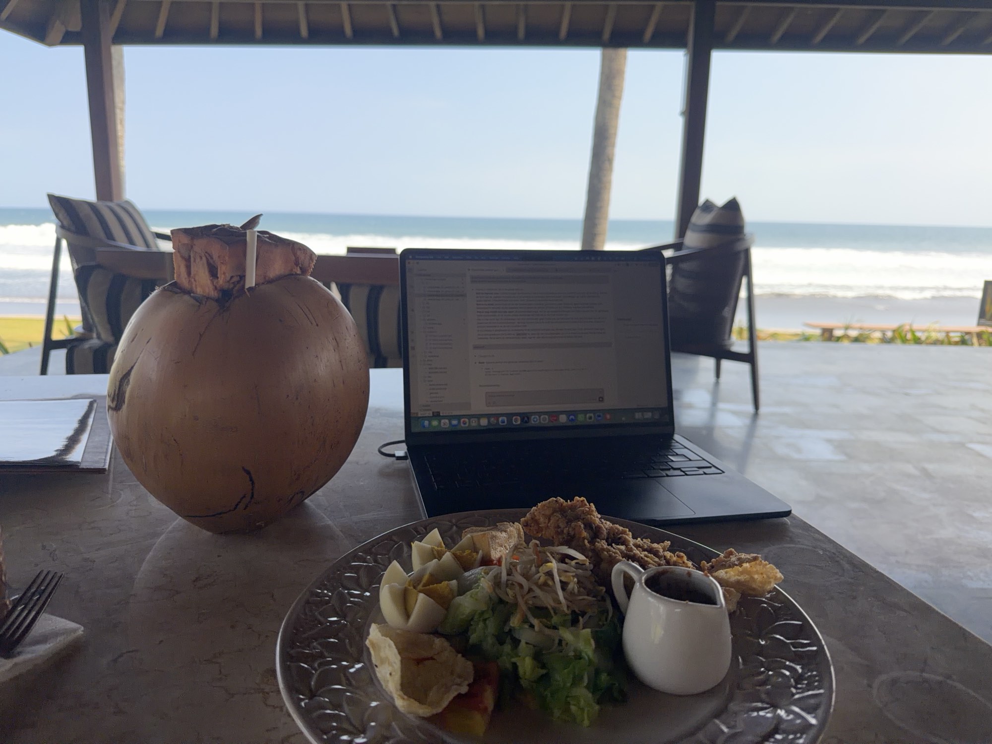 Laptop and coconut by the sea